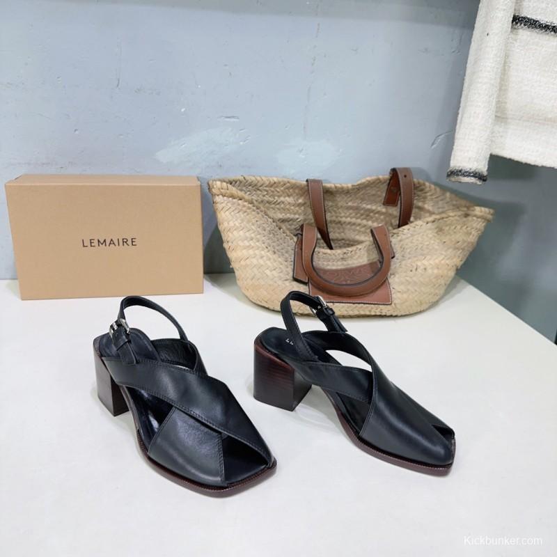 2025 Women Lemaire Black Leather Block Heel Sandals