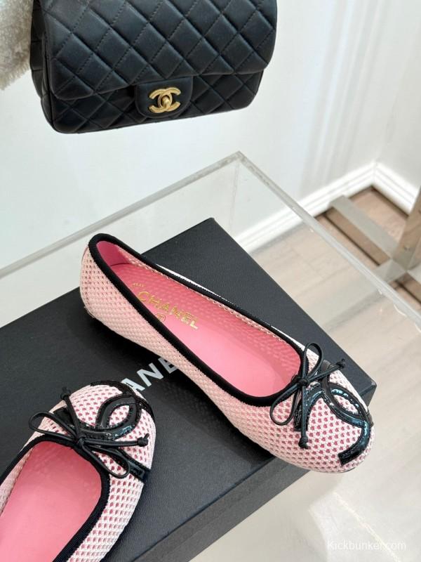 2025 Women Chanel Pink Black Mesh Ballet Flats KFY00260