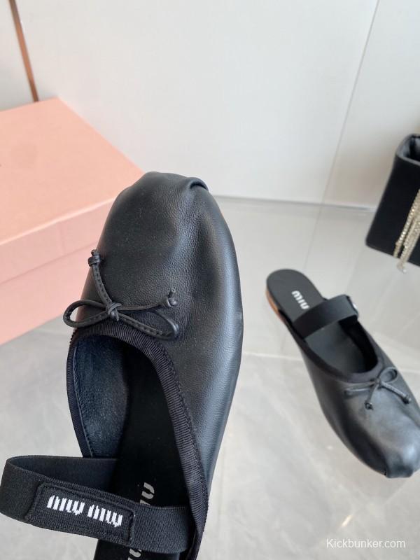 2025 Women Miu Miu Black Leather Ballet Flat Elastic Band