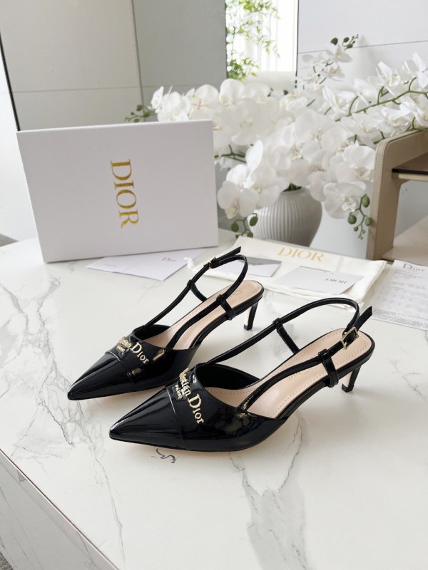2025 Women Dior Black Patent Leather Slingback Heels KFY00310