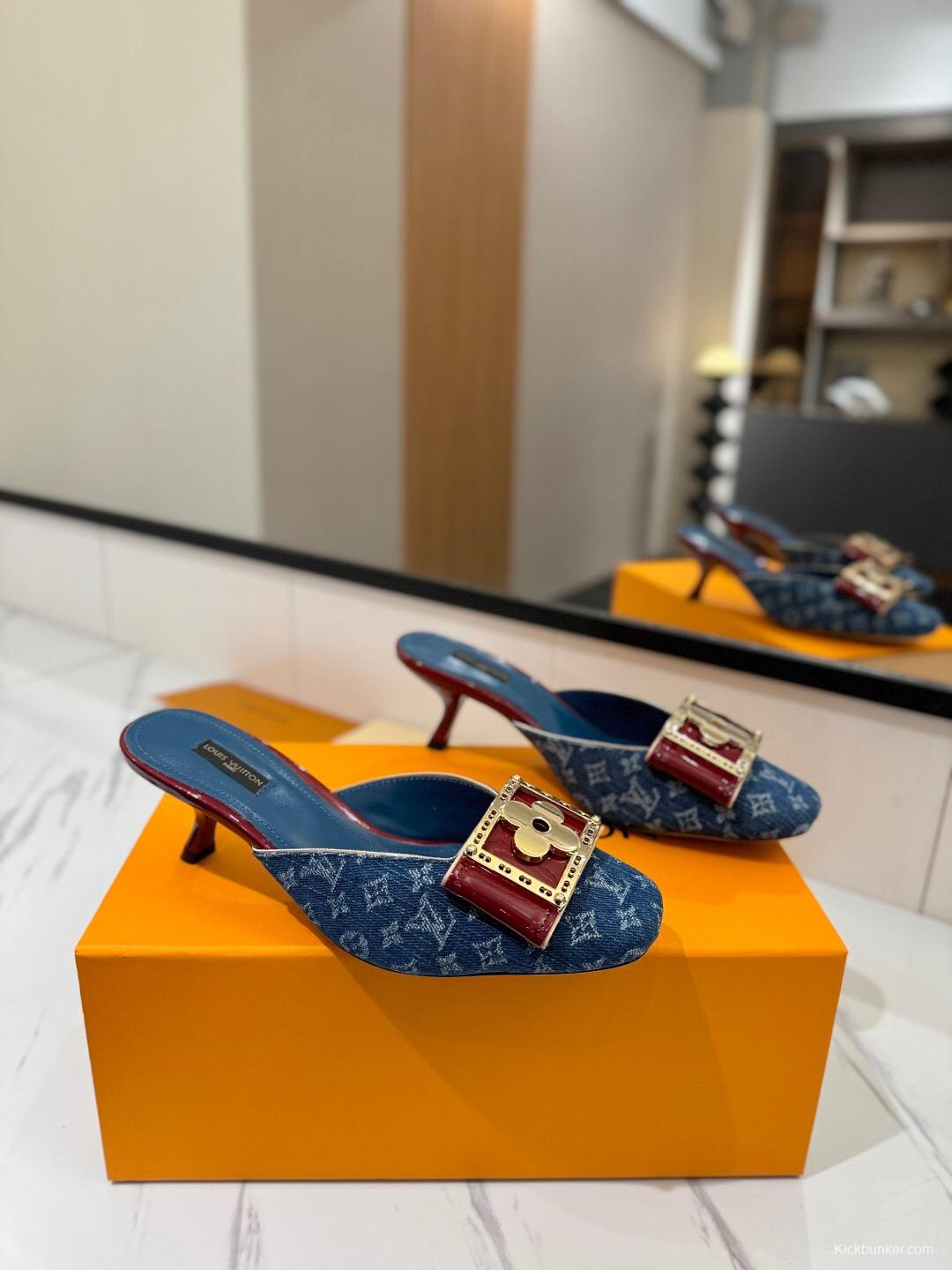 2025 Women LV Blue Denim Leather Mules KFY00320