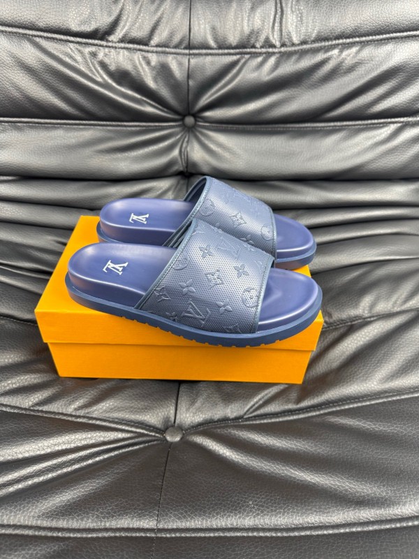 2025 Men Louis Vuitton Blue Leather Slippers AS00170