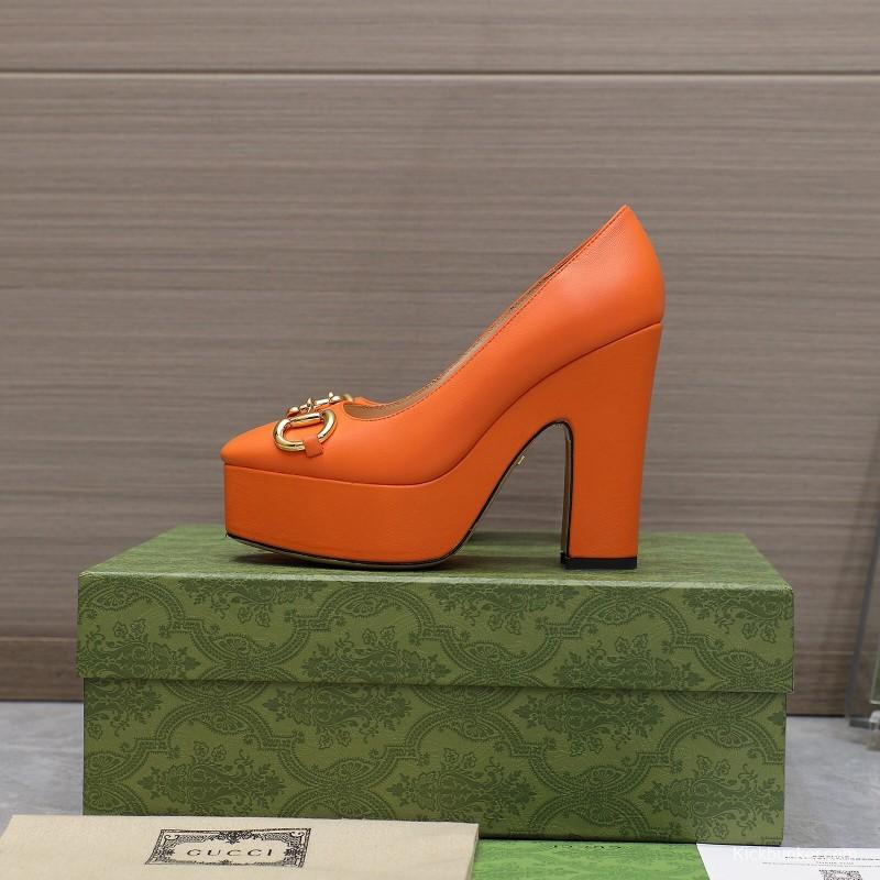 2025 Women Gucci Orange Leather Platform Pumps KFY00320