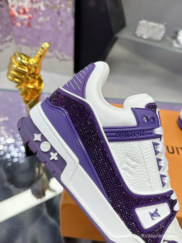 2025 Unisex Louis Vuitton White Purple Leather Denim Plimsolls Handmade Beaded AS00400