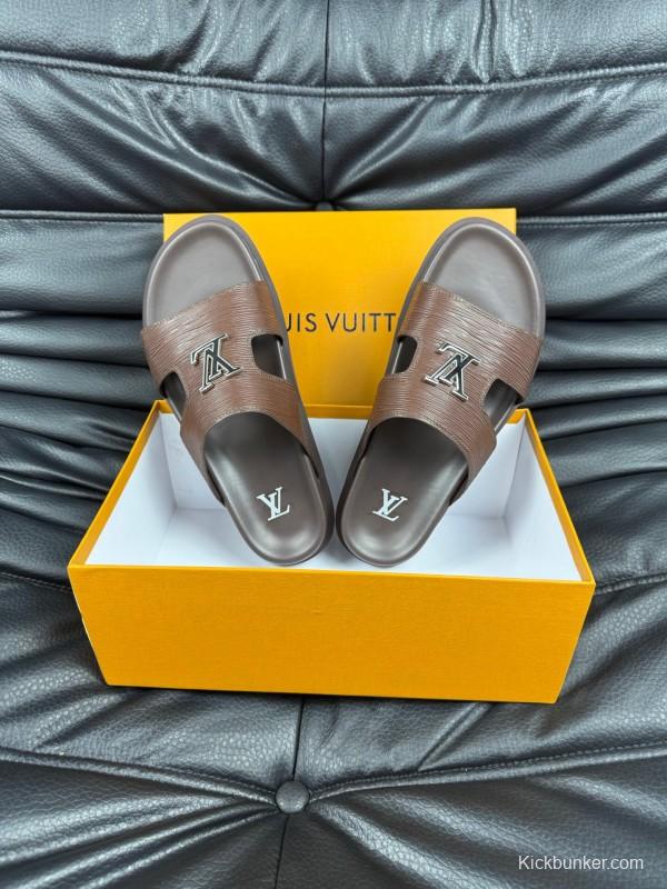 2025 Men Louis Vuitton Brown Leather Slippers AS00170