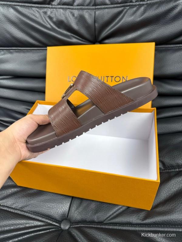 2025 Men Louis Vuitton Brown Leather Slippers AS00170