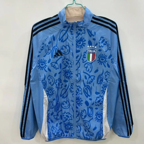 2025 Italy Light Blue/Beige with Floral Pattern Reversible Windbreaker