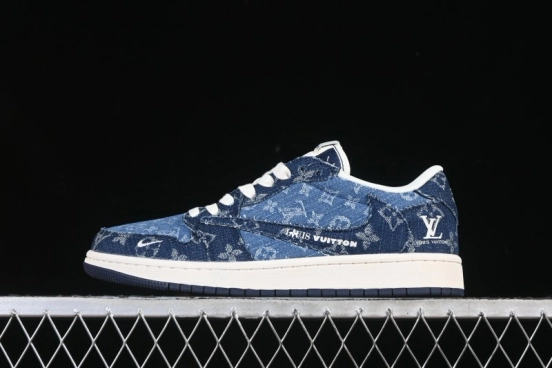 Nike Travis Scott x Fragment Design x Air Jordan 1 Low OG SP AJ1 Low-top Casual Sneakers with Washed Denim Blue Print - XD0798-312