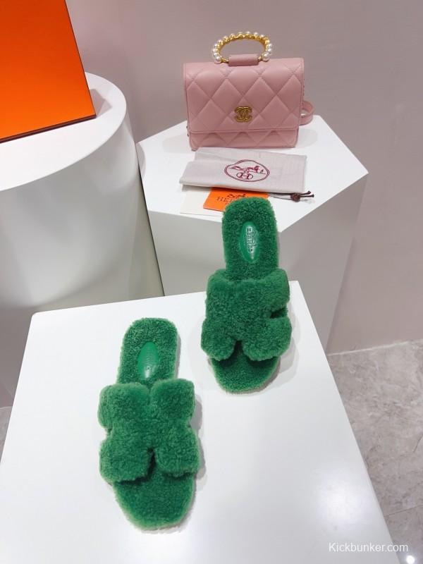 H Teddy Wool H Slippers Flat Sole Fur Slippers - LY00240