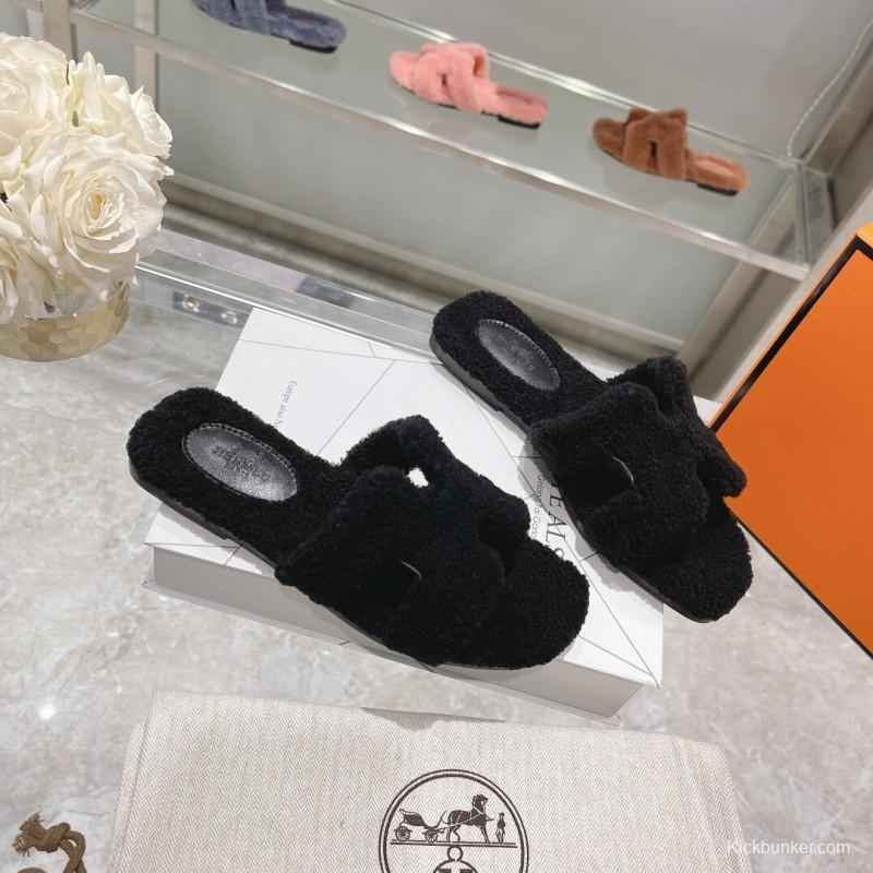 H Teddy Wool H Slippers Flat Sole Autumn Winter - LY00240