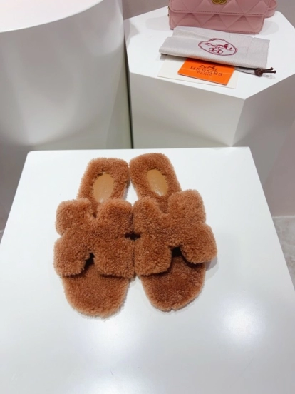 H Teddy Wool H Slippers Flat Sole Fur Slides - LY00240