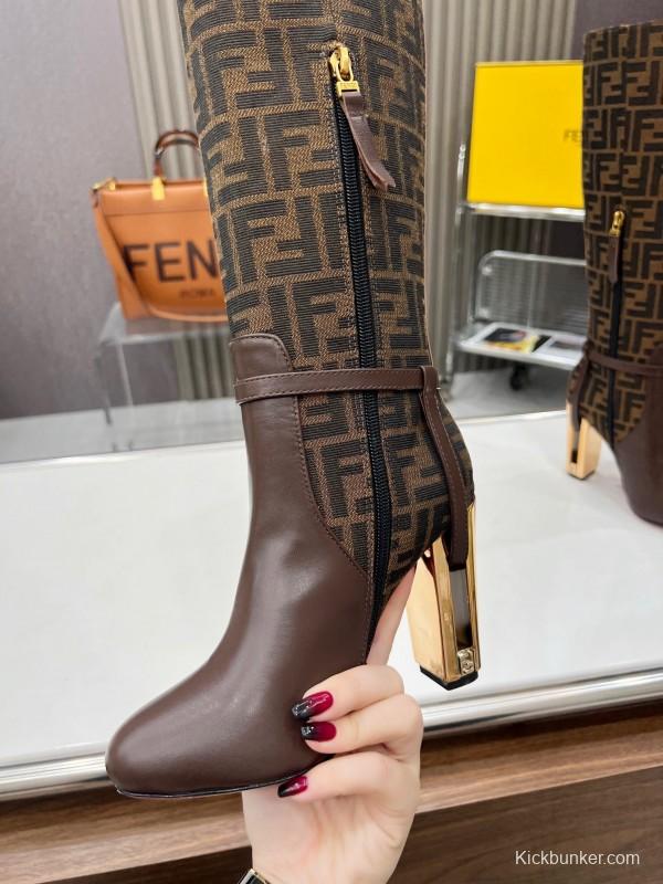 FENDI Delfina Round Toe Boots with FF Buckle and Heel Detailing - LY00