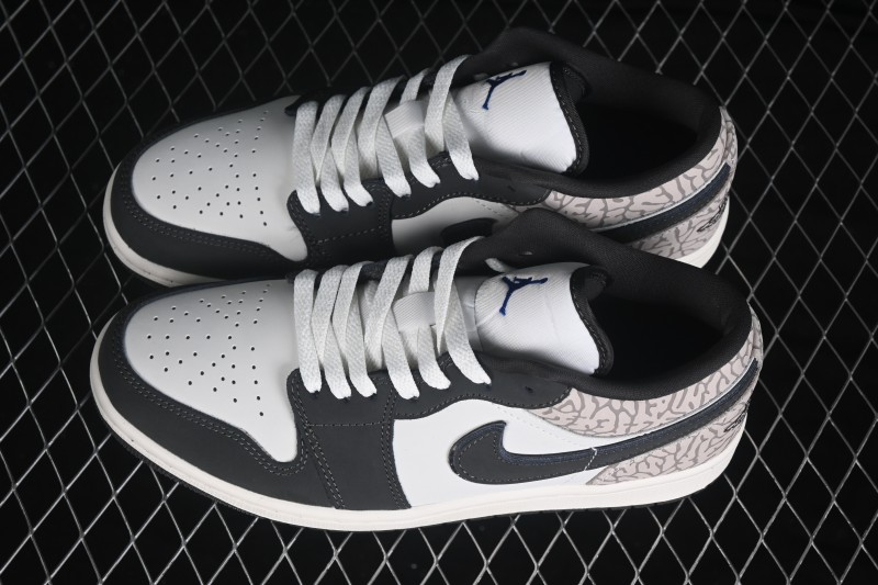 Nike Air Jordan 1 Low Retro Basketball Shoes with White Grey Crackle Design - IU2268-100