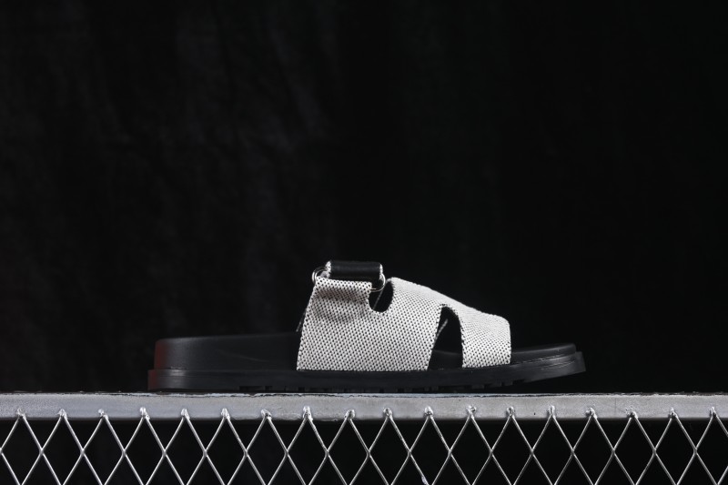 Hermes Chypre Sandals Women Flat Slide Slippers Gray Black - AJE5