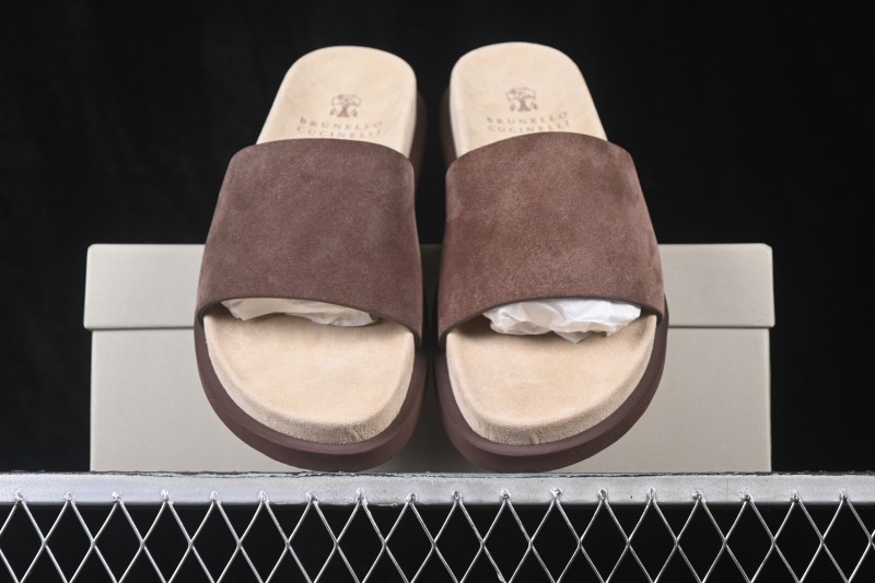 Brunello Cucinelli Suede Flat Slip-On Open-Toe Slide Sandal MZUSOLY236CAY70 BROWN