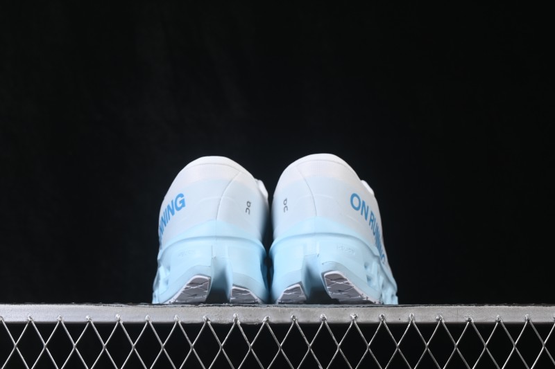 On Cloudmonster 3 Cushioned Running Shoes – White/Light Blue with Silver-Grey Logo
