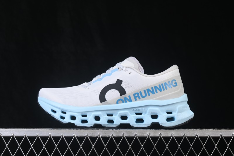 On Cloudmonster 3 Cushioned Running Shoes – White/Light Blue with Black Logo