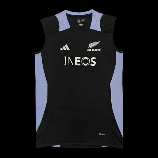 2024 New Zealand All Blacks Black with Light Blue Side Panels Sleeveless Jersey