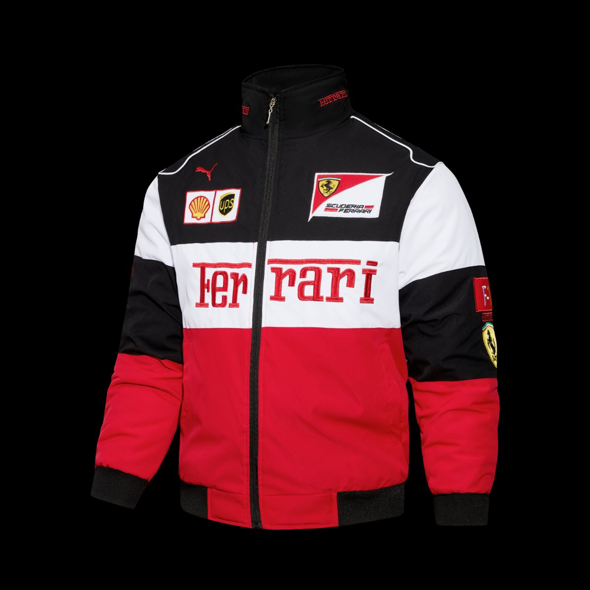 2026 Scuderia Ferrari F1 Team Racing Jacket in Red White Black Color Block with Shell UPS Sponsor Logos
