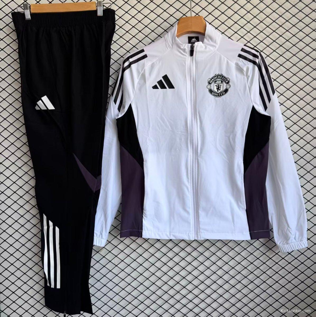 25/26 Manchester United White with Black Full zipper Jacket Tracksuit+ long pants