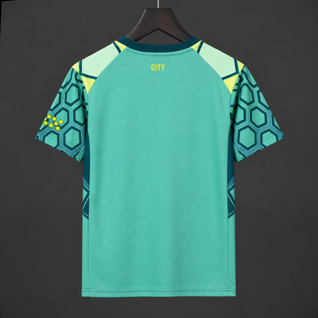 26/27 Manchester City Vibrant Green Goalkeeper Jersey With Dark Blue Geometric Pattern.