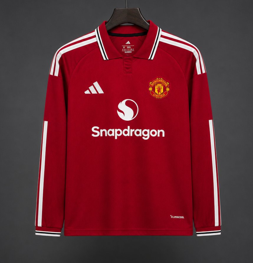 26/27 Manchester United Red with White Stripes Long Sleeve Home Jersey
